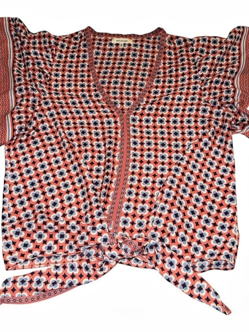 Max Studio Floral Tie Hem Blouse in Red & Blue Size Large Like New